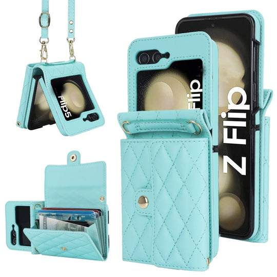 For Samsung Galaxy Z Flip7 FE / Flip6 Rhombic Texture Card Bag PU Phone Case with Long Lanyard(Mint Green)