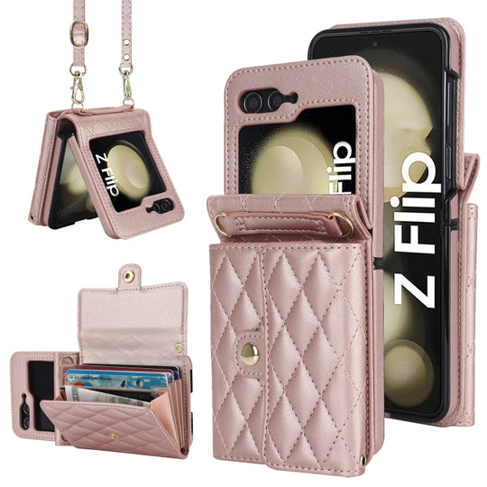 For Samsung Galaxy Z Flip7 FE / Flip6 Rhombic Texture Card Bag PU Phone Case with Long Lanyard(Rose Gold)