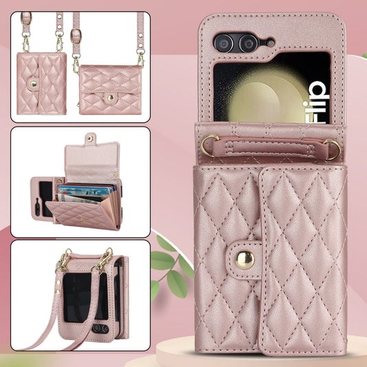 For Samsung Galaxy Z Flip7 FE / Flip6 Rhombic Texture Card Bag PU Phone Case with Long Lanyard(Rose Gold) - Galaxy Z Flip6 5G Cases by buy2fix | Online Shopping UK | buy2fix