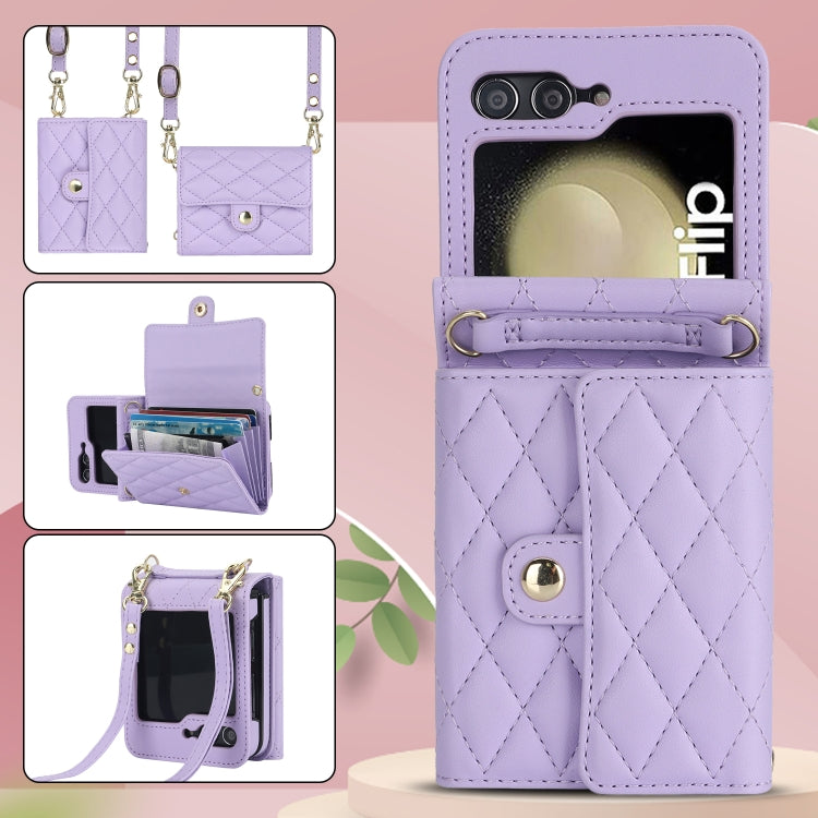 For Samsung Galaxy Z Flip6 Rhombic Texture Card Bag PU Phone Case with Long Lanyard(Purple) - Galaxy Z Flip6 5G Cases by buy2fix | Online Shopping UK | buy2fix
