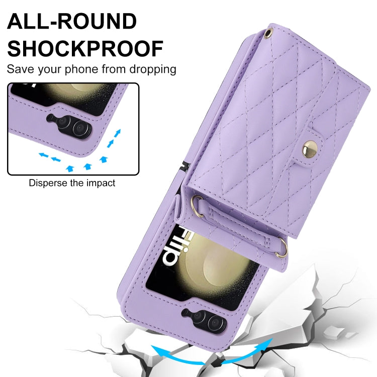 For Samsung Galaxy Z Flip6 Rhombic Texture Card Bag PU Phone Case with Long Lanyard(Purple) - Galaxy Z Flip6 5G Cases by buy2fix | Online Shopping UK | buy2fix