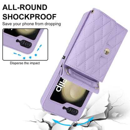 For Samsung Galaxy Z Flip6 Rhombic Texture Card Bag PU Phone Case with Long Lanyard(Purple) - Galaxy Z Flip6 5G Cases by buy2fix | Online Shopping UK | buy2fix