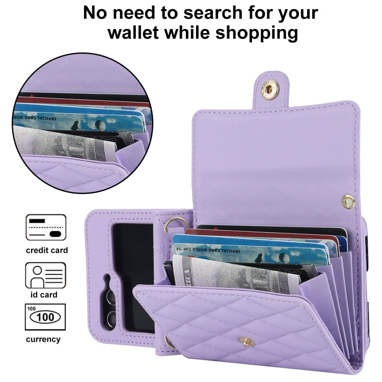 For Samsung Galaxy Z Flip6 Rhombic Texture Card Bag PU Phone Case with Long Lanyard(Purple) - Galaxy Z Flip6 5G Cases by buy2fix | Online Shopping UK | buy2fix