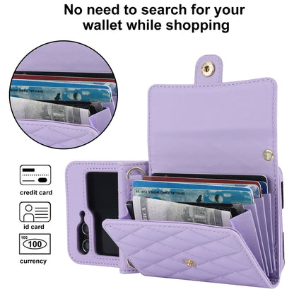 For Samsung Galaxy Z Flip6 Rhombic Texture Card Bag PU Phone Case with Long Lanyard(Purple) - Galaxy Z Flip6 5G Cases by buy2fix | Online Shopping UK | buy2fix
