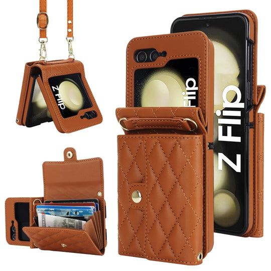 For Samsung Galaxy Z Flip7 FE / Flip6 Rhombic Texture Card Bag PU Phone Case with Long Lanyard(Brown)