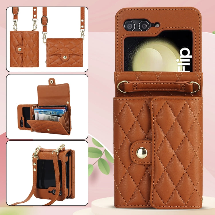 For Samsung Galaxy Z Flip6 / Flip7 FE Rhombic Texture Card Bag PU Phone Case with Long Lanyard(Brown) - Galaxy Z Flip6 5G Cases by buy2fix | Online Shopping UK | buy2fix