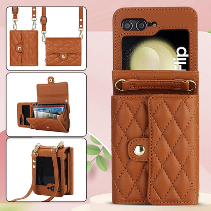For Samsung Galaxy Z Flip6 / Flip7 FE Rhombic Texture Card Bag PU Phone Case with Long Lanyard(Brown) - Galaxy Z Flip6 5G Cases by buy2fix | Online Shopping UK | buy2fix