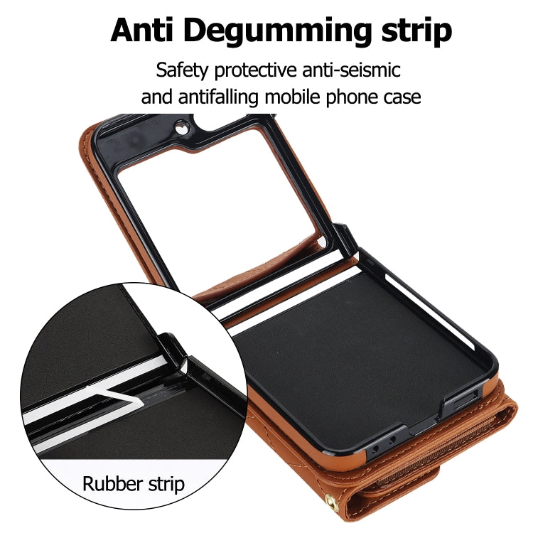 For Samsung Galaxy Z Flip6 / Flip7 FE Rhombic Texture Card Bag PU Phone Case with Long Lanyard(Brown) - Galaxy Z Flip6 5G Cases by buy2fix | Online Shopping UK | buy2fix