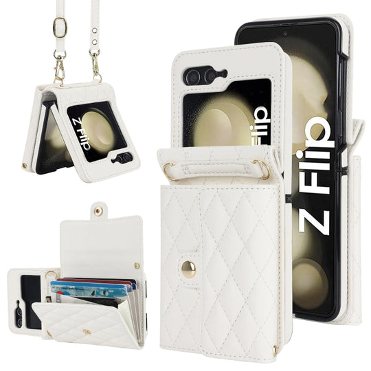 For Samsung Galaxy Z Flip7 FE / Flip6 Rhombic Texture Card Bag PU Phone Case with Long Lanyard(White)
