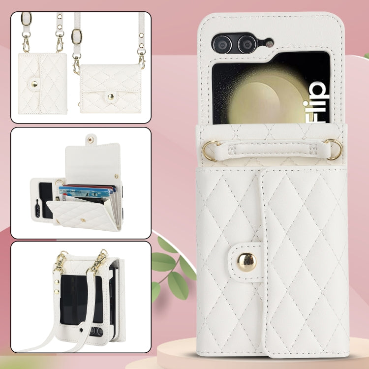 For Samsung Galaxy Z Flip6 Rhombic Texture Card Bag PU Phone Case with Long Lanyard(White) - Galaxy Z Flip6 5G Cases by buy2fix | Online Shopping UK | buy2fix