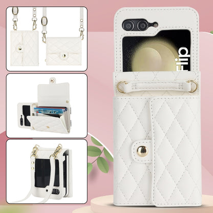 For Samsung Galaxy Z Flip6 Rhombic Texture Card Bag PU Phone Case with Long Lanyard(White) - Galaxy Z Flip6 5G Cases by buy2fix | Online Shopping UK | buy2fix