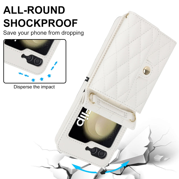 For Samsung Galaxy Z Flip6 Rhombic Texture Card Bag PU Phone Case with Long Lanyard(White) - Galaxy Z Flip6 5G Cases by buy2fix | Online Shopping UK | buy2fix