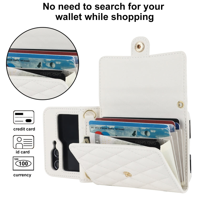 For Samsung Galaxy Z Flip6 Rhombic Texture Card Bag PU Phone Case with Long Lanyard(White) - Galaxy Z Flip6 5G Cases by buy2fix | Online Shopping UK | buy2fix