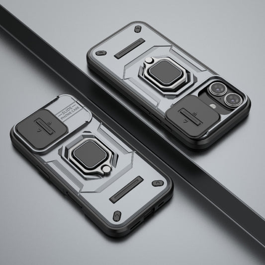 For iPhone 16 Sliding Camshield TPU + PC Shockproof Phone Case with Holder(Grey) by buy2fix