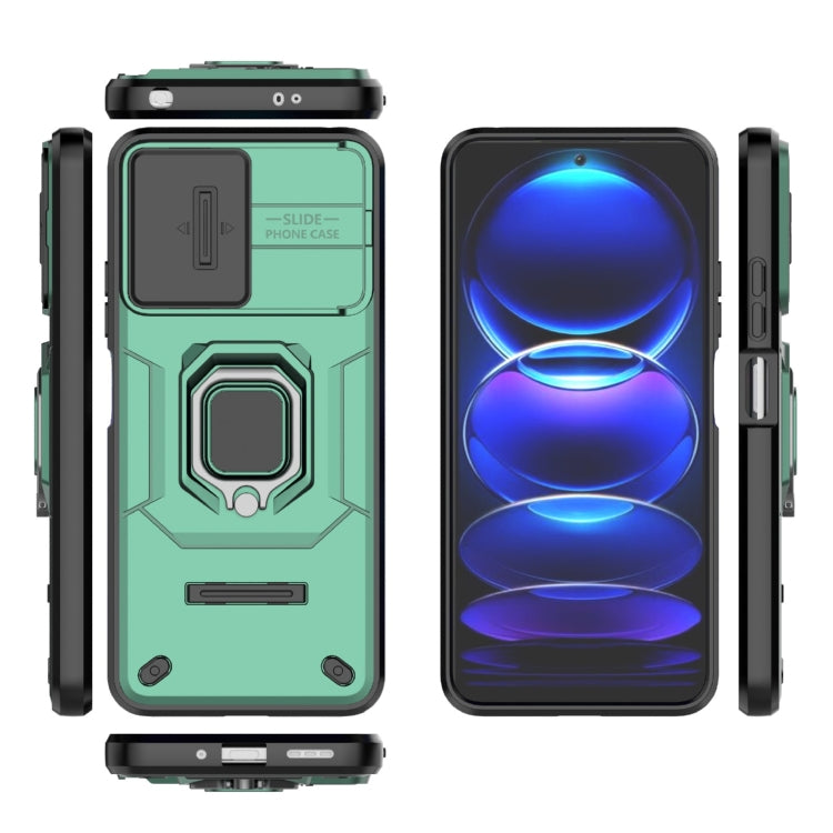 For Xiaomi Redmi Note 12 5G Global Sliding Camshield TPU + PC Shockproof Phone Case with Holder(Green) - Xiaomi Cases by buy2fix | Online Shopping UK | buy2fix