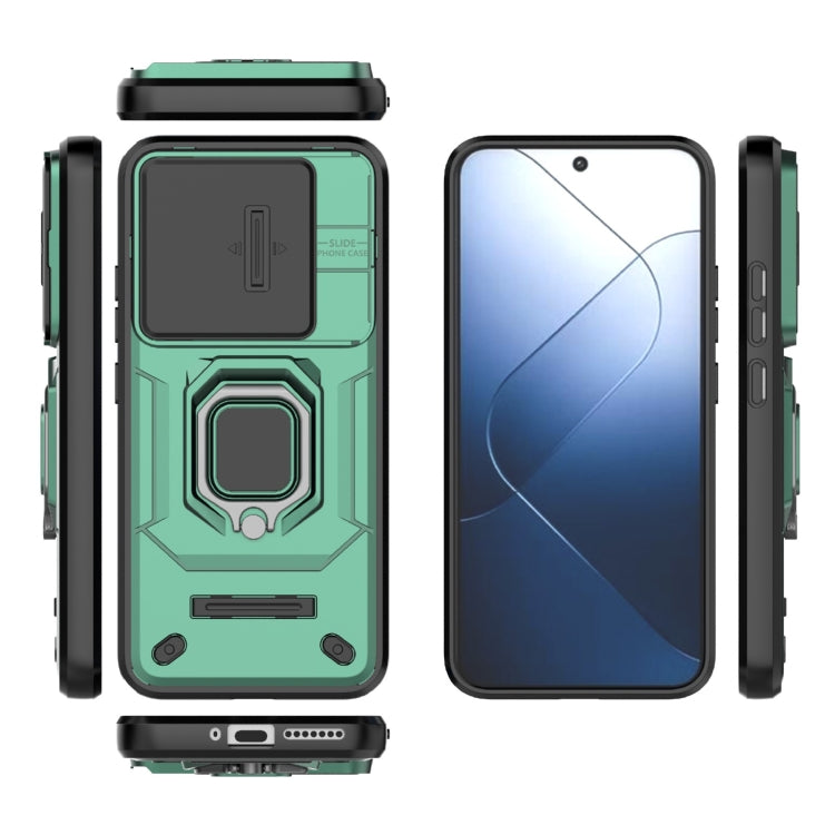 For Xiaomi 14 Sliding Camshield TPU + PC Shockproof Phone Case with Holder(Green) - 14 Cases by buy2fix | Online Shopping UK | buy2fix