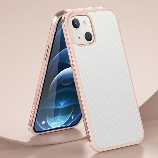 For iPhone 13 mini SULADA Luxury 3D Carbon Fiber Textured Metal + TPU Frame Phone Case(Rose Gold)