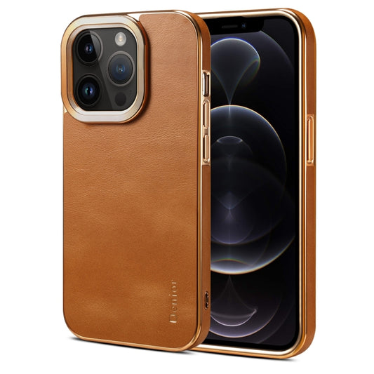 For iPhone 12 Pro Denior Cowhide Leather Plating Phone Case(Khaki) - iPhone 12 / 12 Pro Cases by Denior | Online Shopping UK | buy2fix