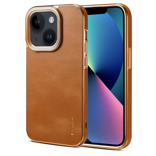For iPhone 13 Denior Cowhide Leather Plating Phone Case(Khaki) - iPhone 13 Cases by Denior | Online Shopping UK | buy2fix