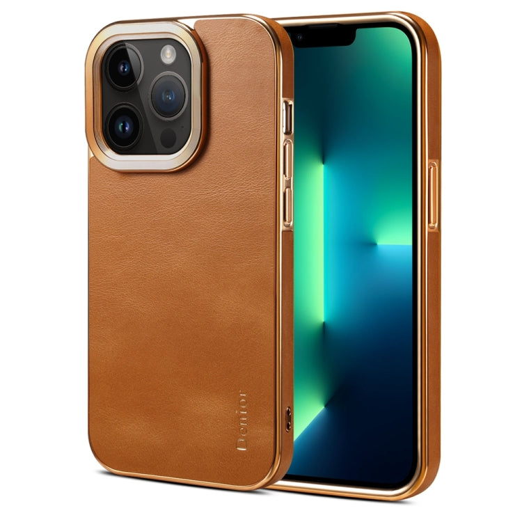 For iPhone 13 Pro Denior Cowhide Leather Plating Phone Case(Khaki) - iPhone 13 Pro Cases by Denior | Online Shopping UK | buy2fix
