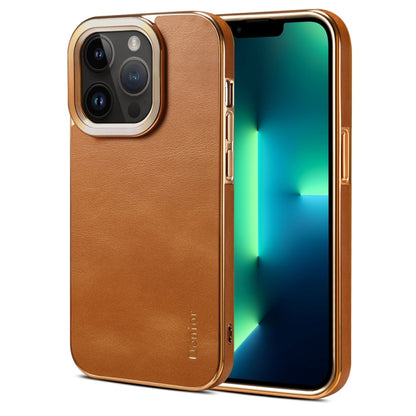 For iPhone 13 Pro Denior Cowhide Leather Plating Phone Case(Khaki) - iPhone 13 Pro Cases by Denior | Online Shopping UK | buy2fix