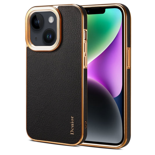 For iPhone 14 Denior Cowhide Leather Plating Phone Case(Black) - iPhone 14 Cases by Denior | Online Shopping UK | buy2fix