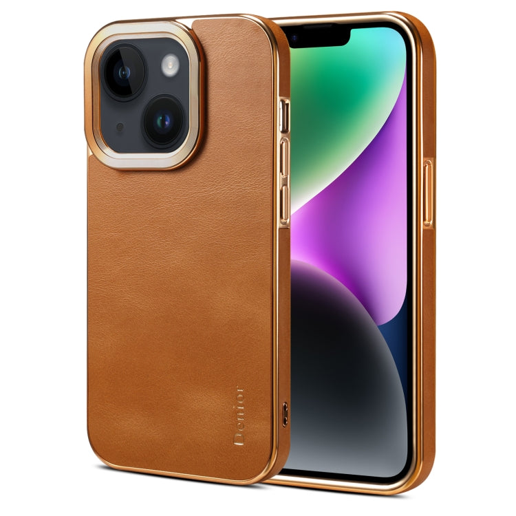 For iPhone 14 Plus Denior Cowhide Leather Plating Phone Case(Khaki) - iPhone 14 Plus Cases by Denior | Online Shopping UK | buy2fix