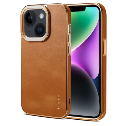 For iPhone 14 Plus Denior Cowhide Leather Plating Phone Case(Khaki) - iPhone 14 Plus Cases by Denior | Online Shopping UK | buy2fix