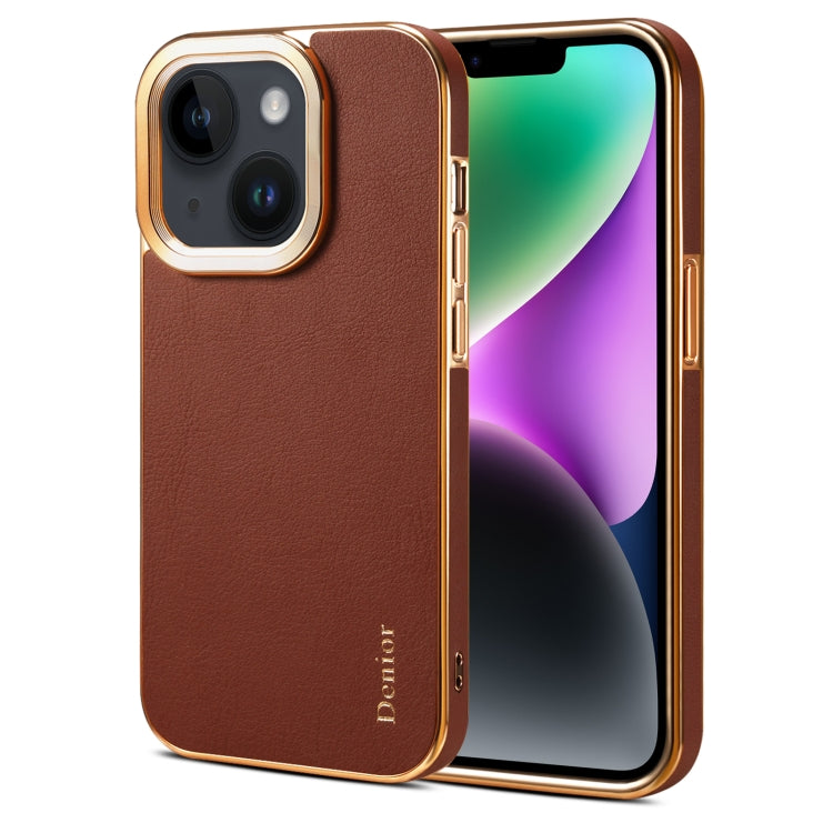 For iPhone 14 Plus Denior Cowhide Leather Plating Phone Case(Brown) - iPhone 14 Plus Cases by Denior | Online Shopping UK | buy2fix