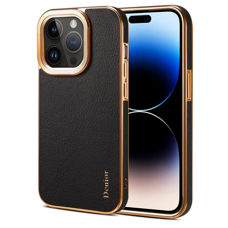 For iPhone 14 Pro Denior Cowhide Leather Plating Phone Case(Black) - iPhone 14 Pro Cases by Denior | Online Shopping UK | buy2fix