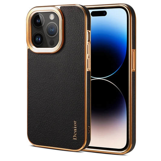 For iPhone 14 Pro Denior Cowhide Leather Plating Phone Case(Black) - iPhone 14 Pro Cases by Denior | Online Shopping UK | buy2fix