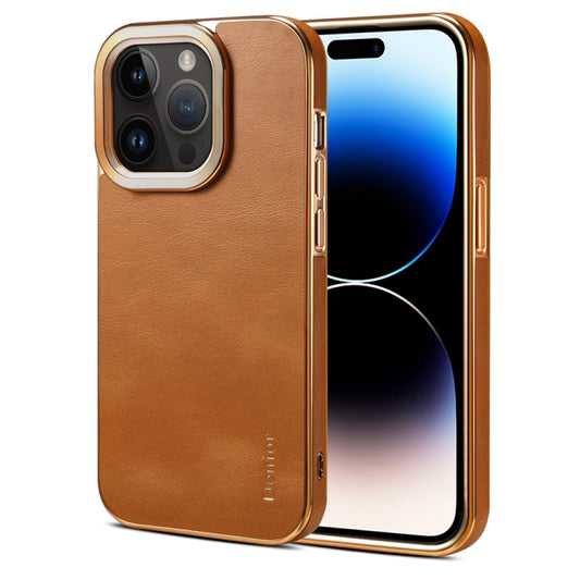 For iPhone 14 Pro Denior Cowhide Leather Plating Phone Case(Khaki) - iPhone 14 Pro Cases by Denior | Online Shopping UK | buy2fix