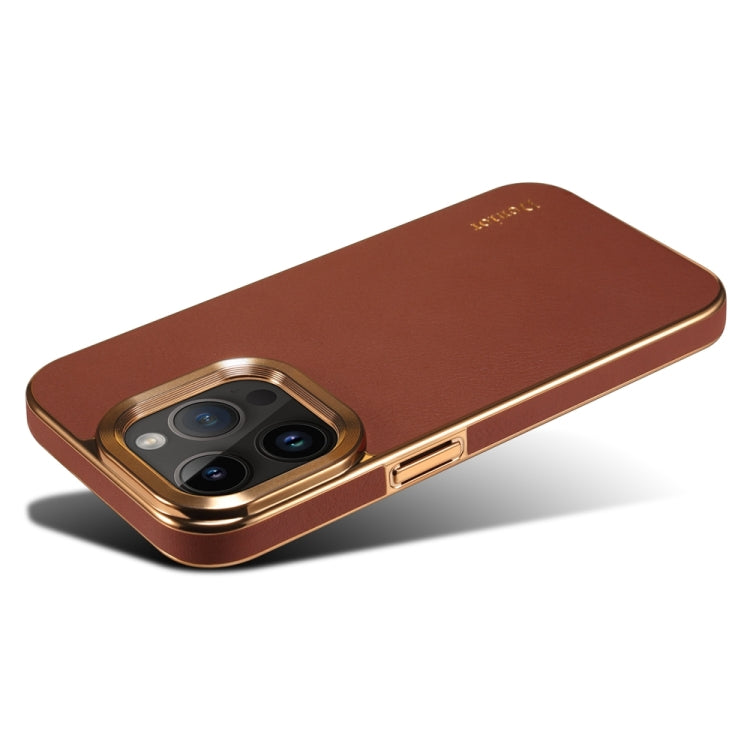 For iPhone 14 Pro Max Denior Cowhide Leather Plating Phone Case(Brown) - iPhone 14 Pro Max Cases by Denior | Online Shopping UK | buy2fix