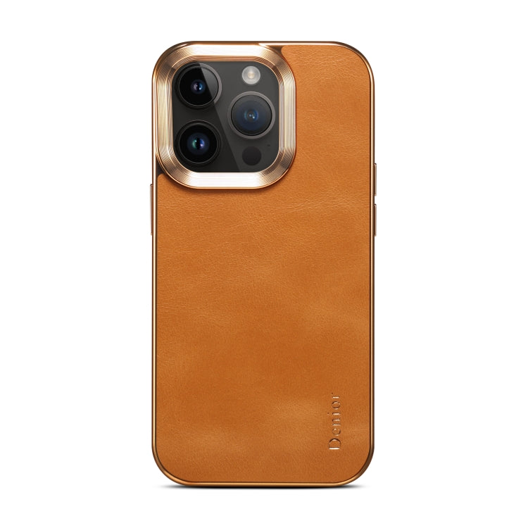 For iPhone 15 Pro Denior Cowhide Leather Plating Phone Case(Khaki) - iPhone 15 Pro Cases by Denior | Online Shopping UK | buy2fix