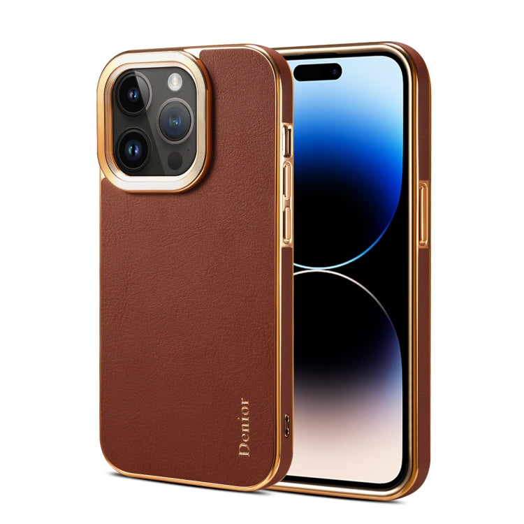 For iPhone 15 Pro Denior Cowhide Leather Plating Phone Case(Brown) - iPhone 15 Pro Cases by Denior | Online Shopping UK | buy2fix