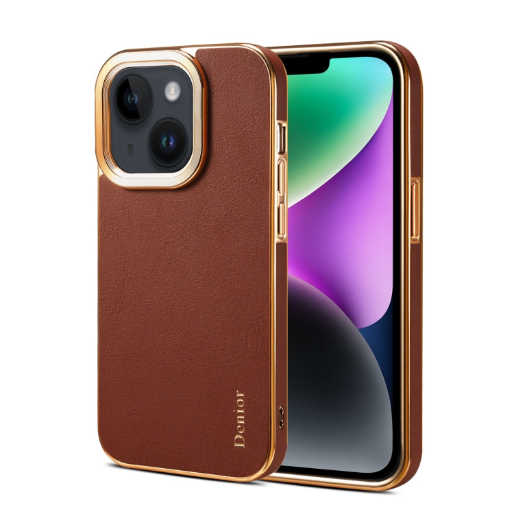 For iPhone 15 Plus Denior Cowhide Leather Plating Phone Case(Brown) - iPhone 15 Plus Cases by Denior | Online Shopping UK | buy2fix