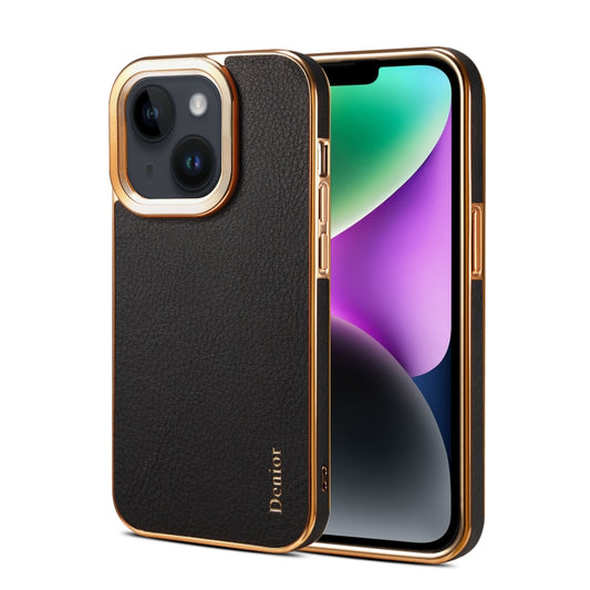 For iPhone 15 Denior Cowhide Leather Plating Phone Case(Black) - iPhone 15 Cases by Denior | Online Shopping UK | buy2fix