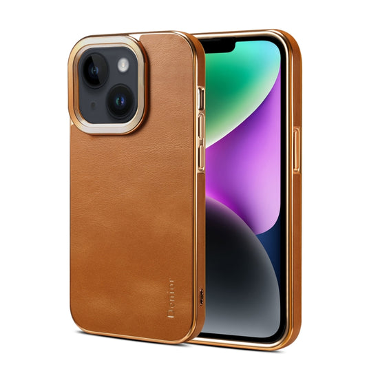 For iPhone 15 Denior Cowhide Leather Plating Phone Case(Khaki) - iPhone 15 Cases by Denior | Online Shopping UK | buy2fix