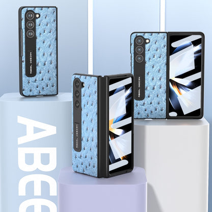 For Samsung Galaxy Z Fold5 Integrated Genuine Leather Ostrich Texture Phone Case with Holder(Blue) - Galaxy Z Fold5 Cases by buy2fix | Online Shopping UK | buy2fix