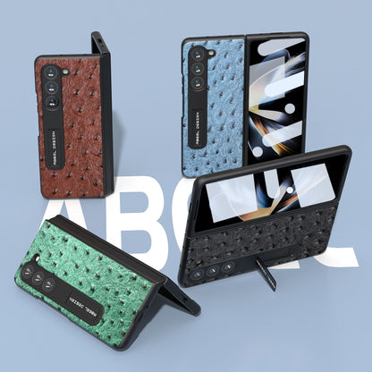 For Samsung Galaxy Z Fold5 Integrated Genuine Leather Ostrich Texture Phone Case with Holder(Blue) - Galaxy Z Fold5 Cases by buy2fix | Online Shopping UK | buy2fix
