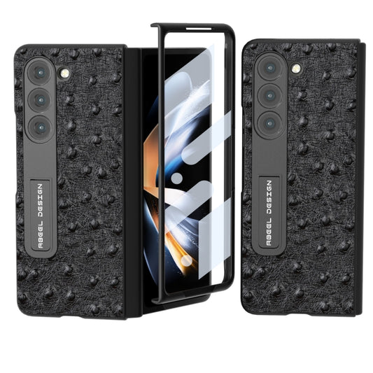 For Samsung Galaxy Z Fold5 Integrated Genuine Leather Ostrich Texture Phone Case with Holder(Black) - Galaxy Z Fold5 Cases by buy2fix | Online Shopping UK | buy2fix