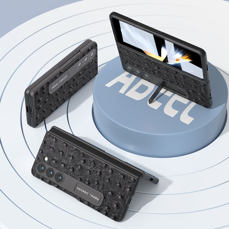 For Samsung Galaxy Z Fold5 Integrated Genuine Leather Ostrich Texture Phone Case with Holder(Black) - Galaxy Z Fold5 Cases by buy2fix | Online Shopping UK | buy2fix