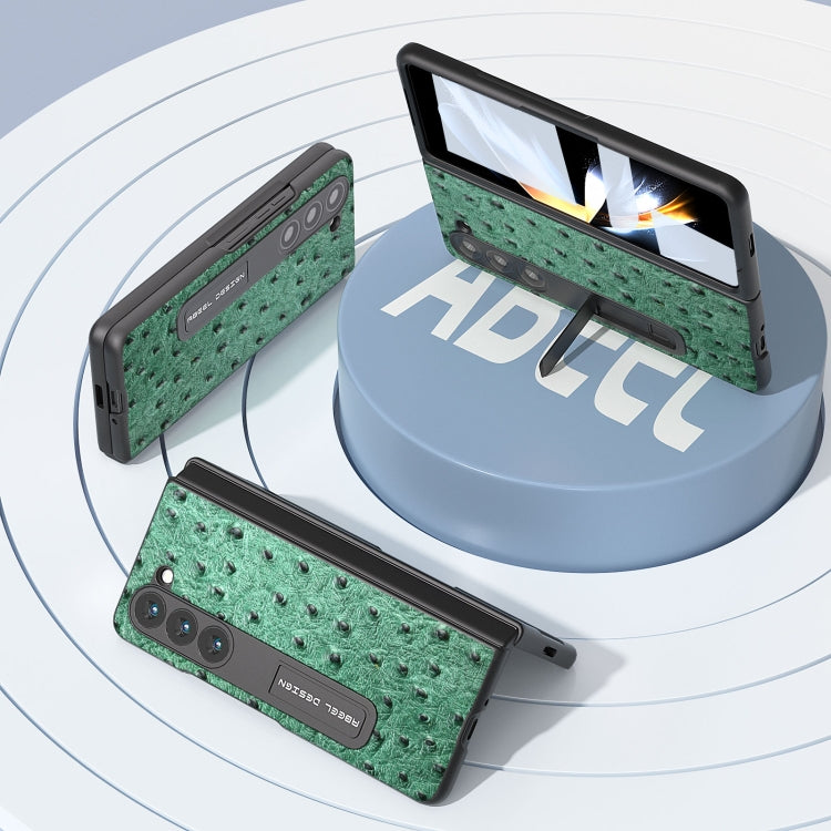 For Samsung Galaxy Z Fold5 Integrated Genuine Leather Ostrich Texture Phone Case with Holder(Green) - Galaxy Z Fold5 Cases by buy2fix | Online Shopping UK | buy2fix