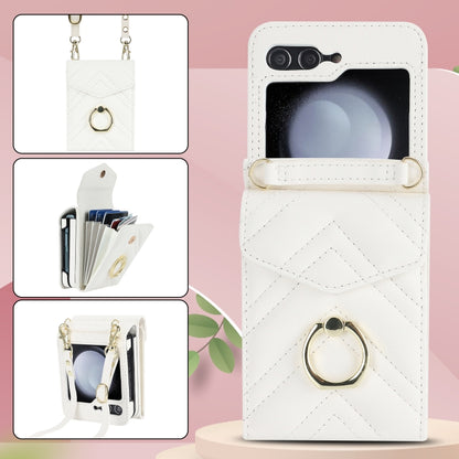 For Samsung Galaxy Z Flip5 V-shaped RFID Card Slot Phone Case with Ring Holder(White) - Galaxy Z Flip5 Cases by buy2fix | Online Shopping UK | buy2fix