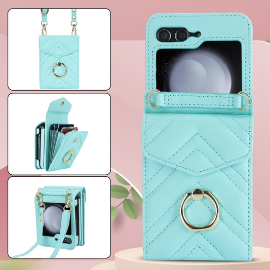 For Samsung Galaxy Z Flip5 V-shaped RFID Card Slot Phone Case with Ring Holder(Green) - Galaxy Z Flip5 Cases by buy2fix | Online Shopping UK | buy2fix