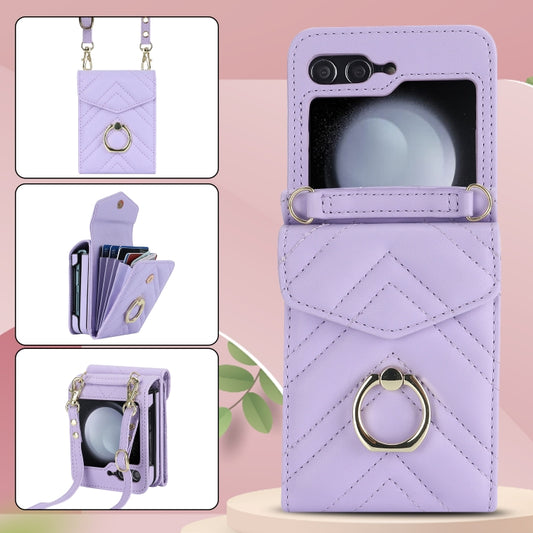 For Samsung Galaxy Z Flip5 V-shaped RFID Card Slot Phone Case with Ring Holder(Purple) - Galaxy Z Flip5 Cases by buy2fix | Online Shopping UK | buy2fix