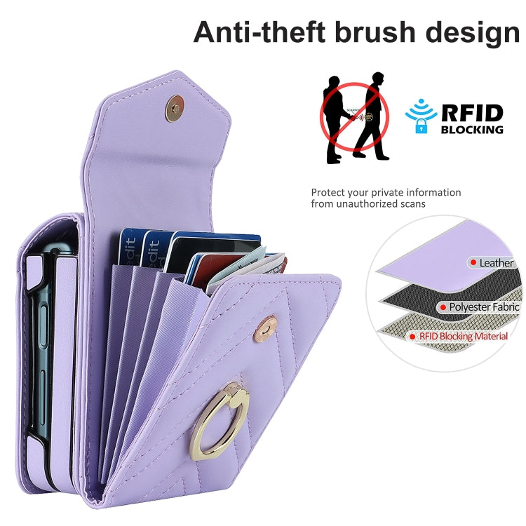 For Samsung Galaxy Z Flip5 V-shaped RFID Card Slot Phone Case with Ring Holder(Purple) - Galaxy Z Flip5 Cases by buy2fix | Online Shopping UK | buy2fix