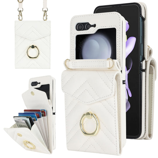 For Samsung Galaxy Z Flip6 / Flip7 FE V-shaped RFID Card Slot Phone Case with Ring Holder(White)