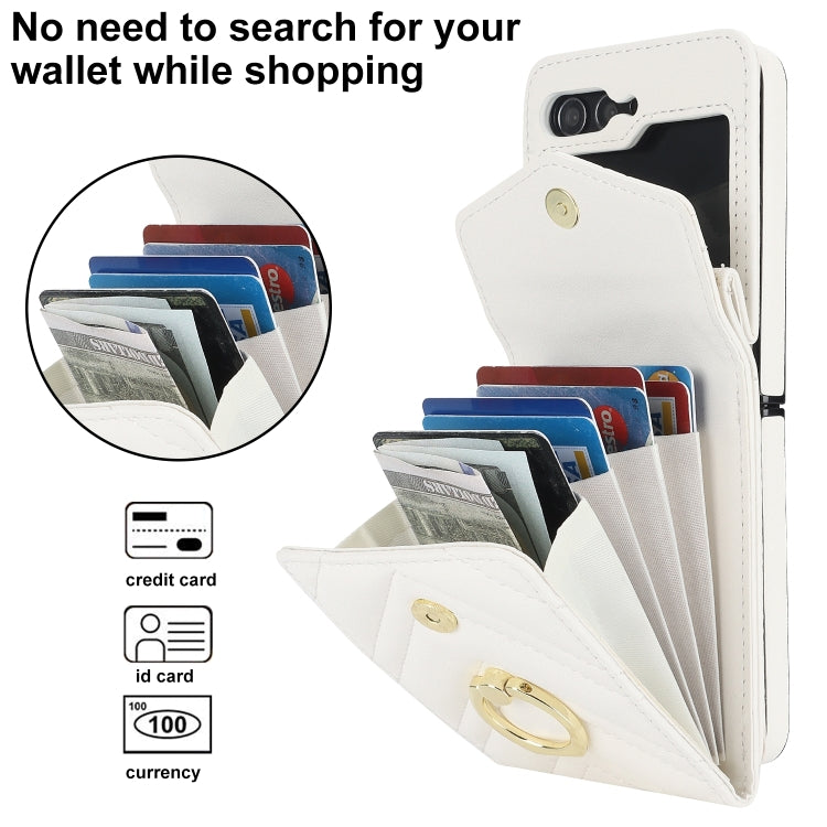 For Samsung Galaxy Z Flip6 V-shaped RFID Card Slot Phone Case with Ring Holder(White) - Galaxy Z Flip6 5G Cases by buy2fix | Online Shopping UK | buy2fix