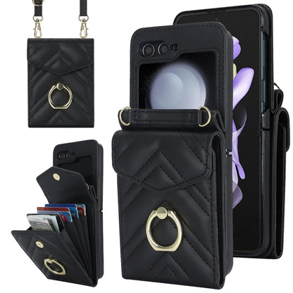 For Samsung Galaxy Z Flip6 V-shaped RFID Card Slot Phone Case with Ring Holder(Black) - Galaxy Z Flip6 5G Cases by buy2fix | Online Shopping UK | buy2fix